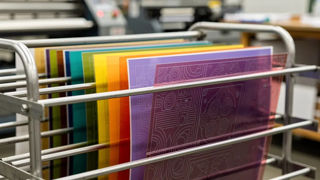Clichés flexographiques photopolymères alignés sur rack métallique dans un atelier d'impression