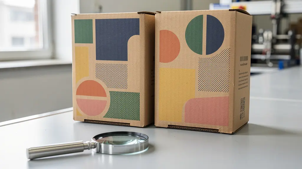 Échantillons carton imprimés flexographie et offset côte à côte pour comparaison qualité