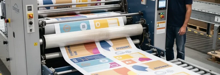 Machine flexographique imprimant des emballages carton personnalisés en production industrielle