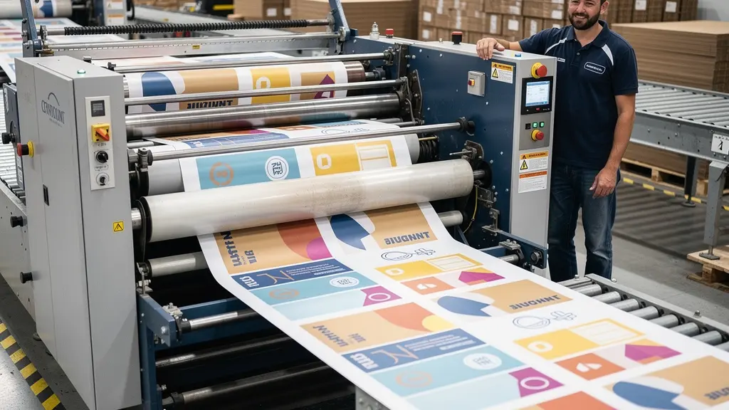 Machine flexographique imprimant des emballages carton personnalisés en production industrielle