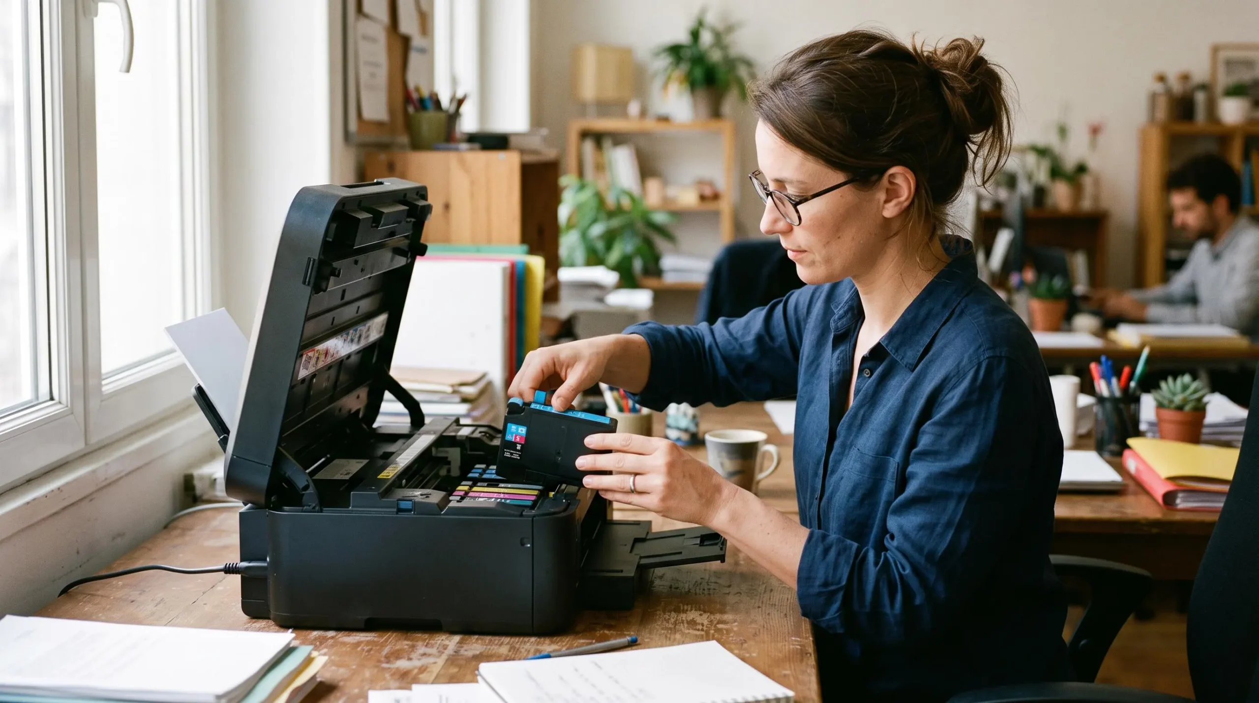 Une employée insère une cartouche haute capacité dans une imprimante de bureau.