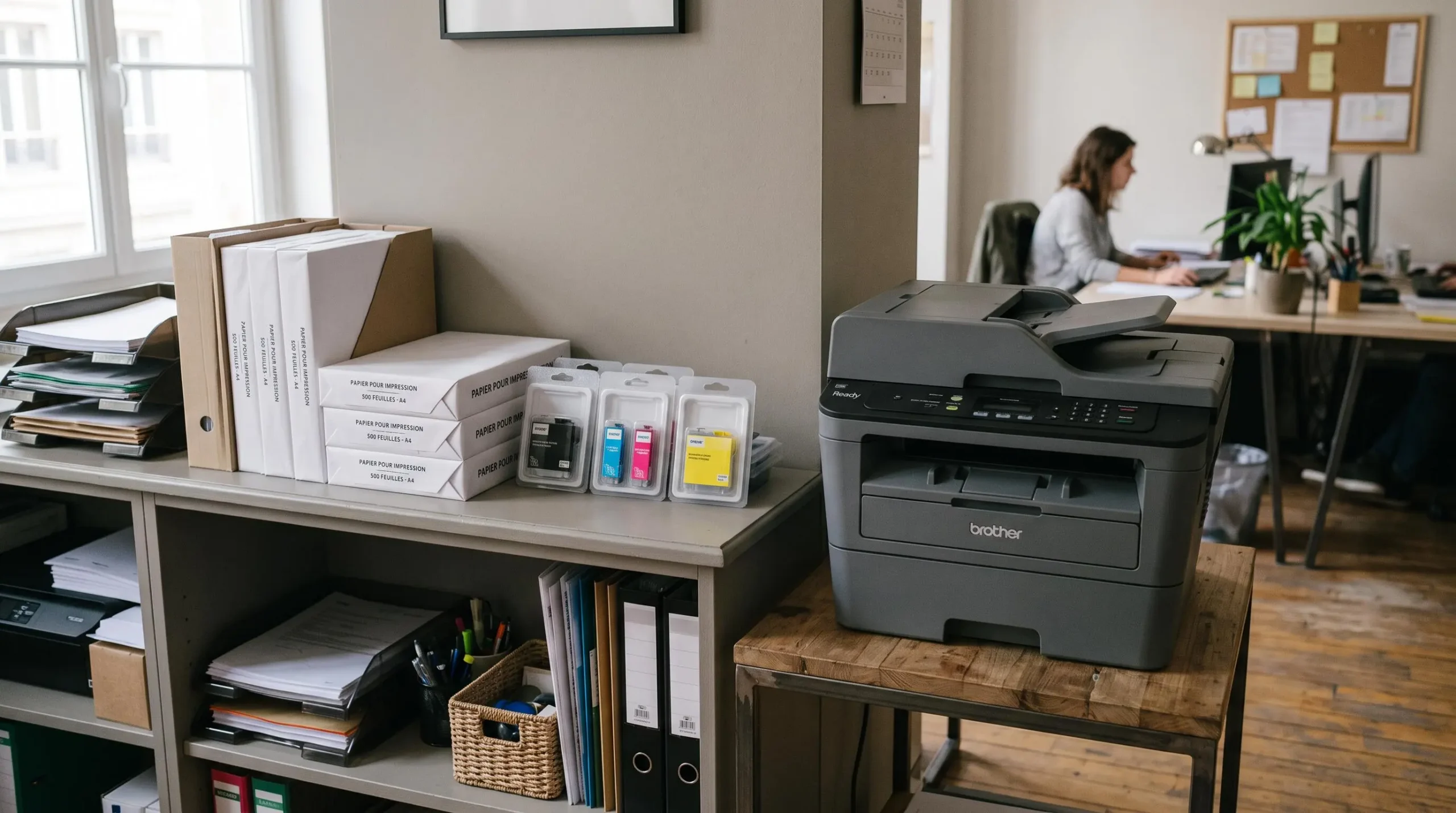 Un rayonnage de bureau rangé avec des cartouches de rechange et des ramettes de papier.